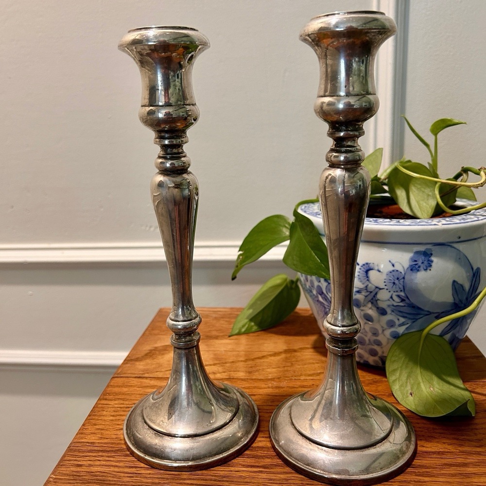 Vintage Pair Sheffield Silver Plate Candle Holders Made In Italy  9 1/4 in tall